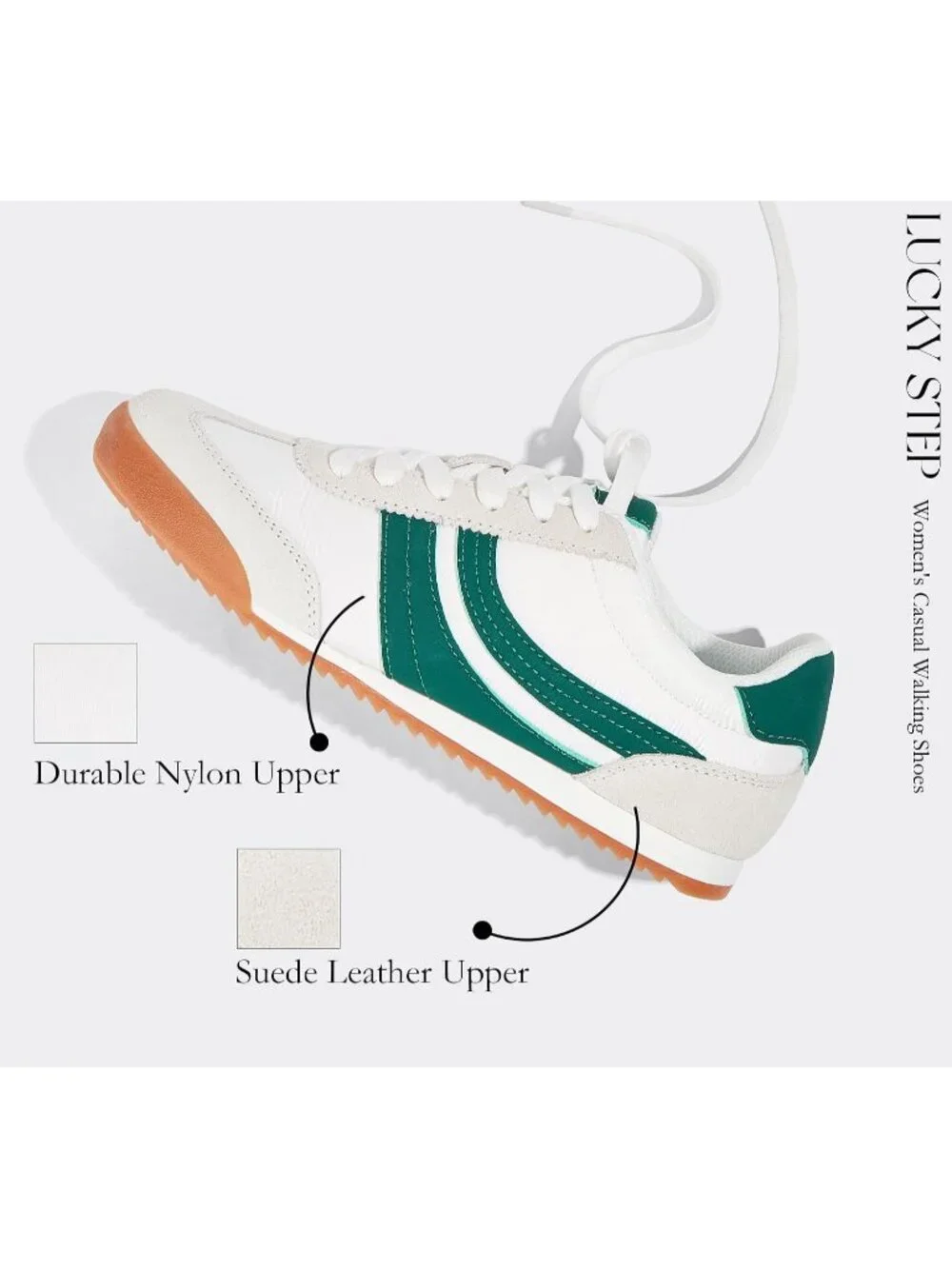 Women's White/Green Lightweight Thin Sole Lace up Anti Slip Retro Sneakers